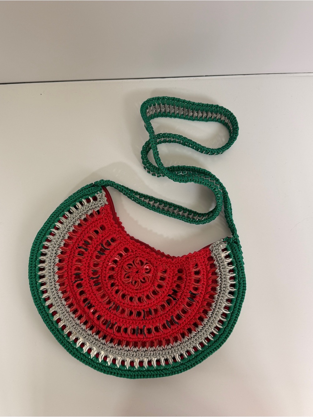 Handmade Red Crochet Crossbody Bag with Green Trim